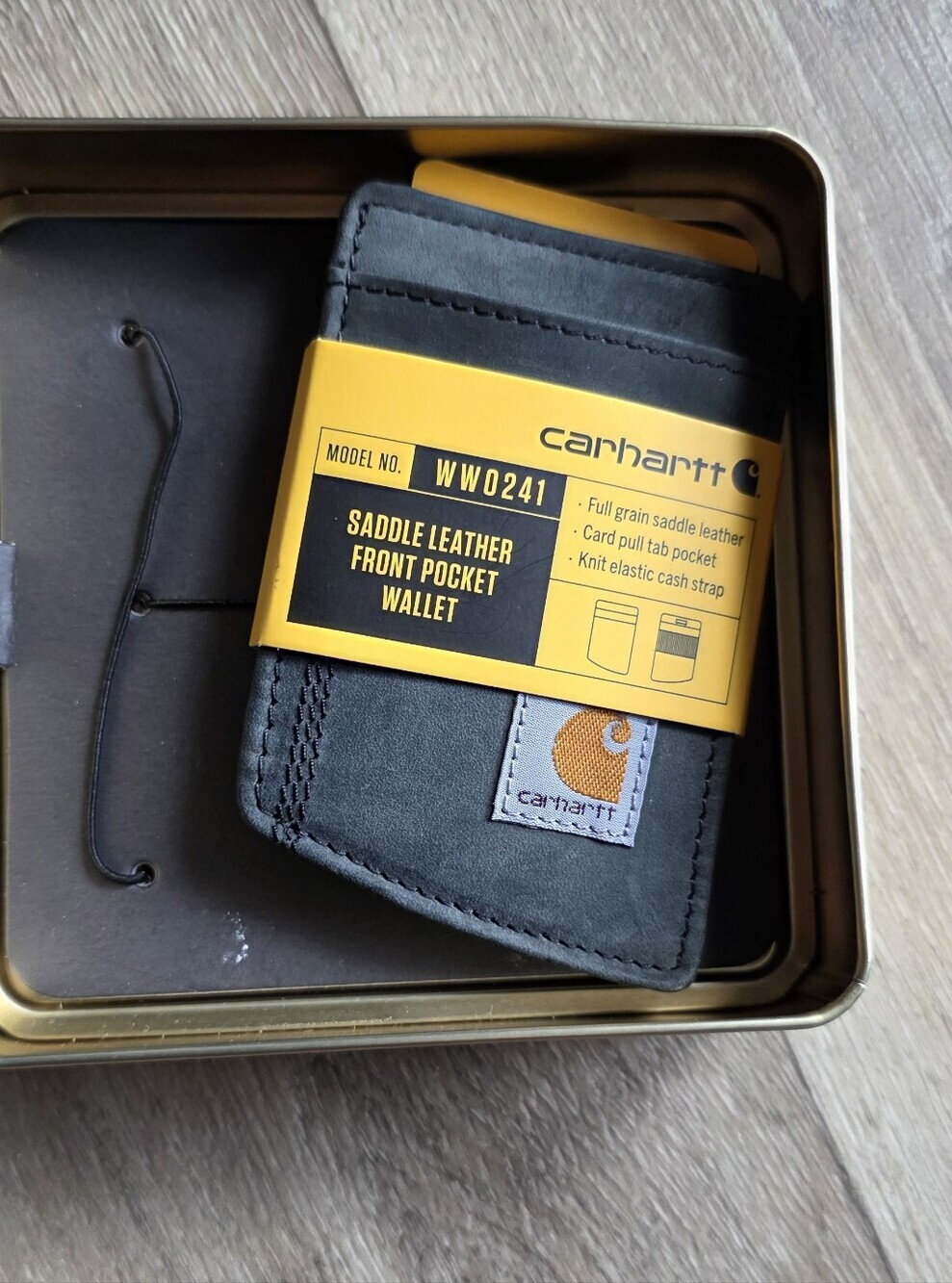 Carhartt Black Saddle Leather Front Pocket Wallet with Yellow Sleeve